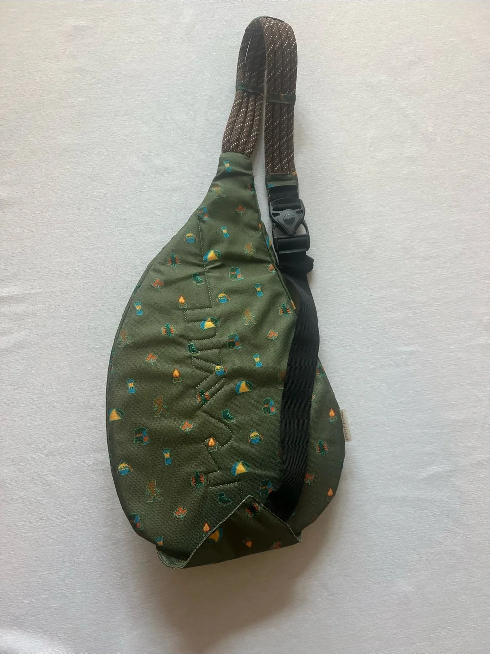 Kavu Olive Green Sling Bag with Multi-Color Camper & Tent Print